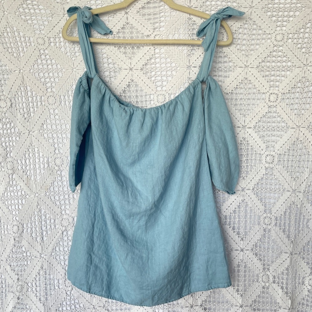 Reformation baby blue off shoulder linen blouse